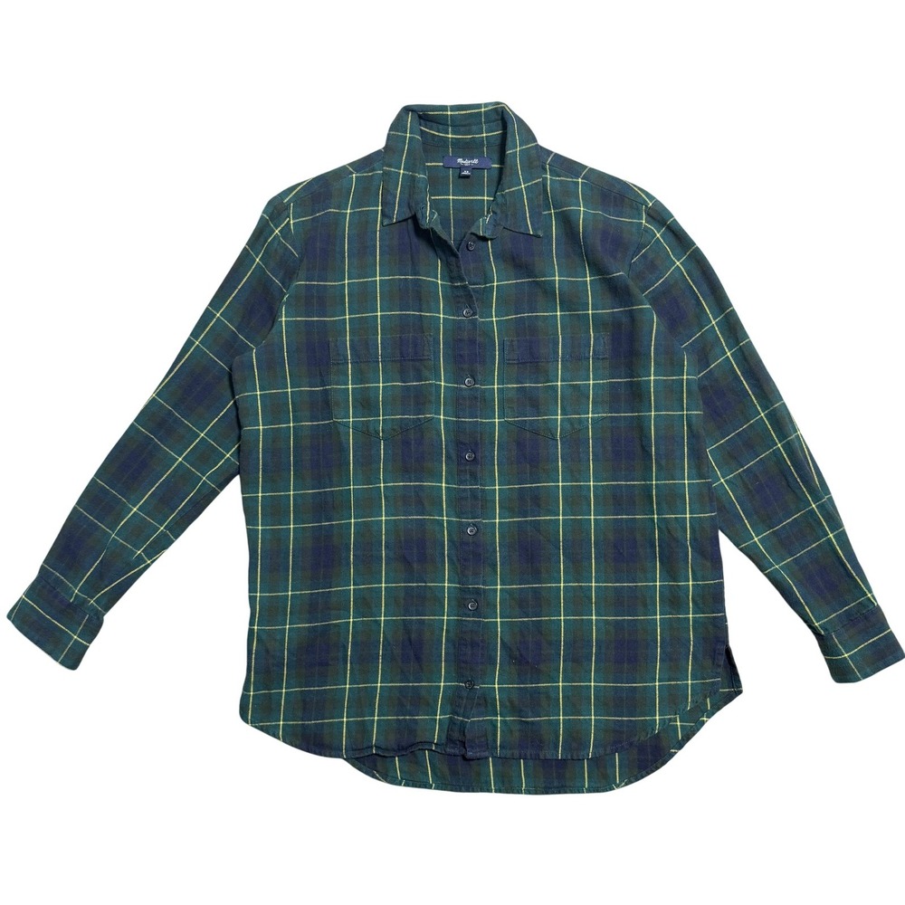 Madewell Shirt Womens XS Green Navy Plaid Button Up Long Sleeve Cotton E1495